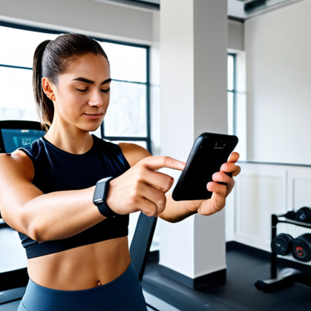 A professional, diverse adult in modest athletic wear, checking health data on a sleek smartwatch during a break in a modern, clean gym. The smartwatch displays clear, legible health metrics. The person has a natural pose, fully clothed, appropriate attire, safe for work, perfect anatomy, correct proportions, well-formed hands, proper finger count, natural body proportions, professional photography, high quality, family-friendly.