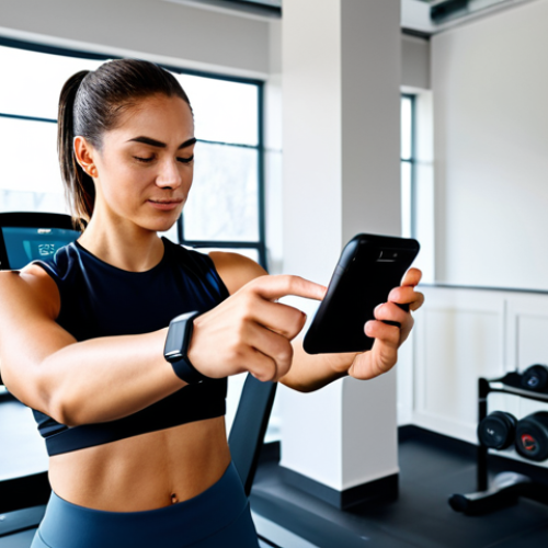Home 18 A professional, diverse adult in modest athletic wear, checking health data on a sleek smartwatch during a break in a modern, clean gym. The smartwatch displays clear, legible health metrics. The person has a natural pose, fully clothed, appropriate attire, safe for work, perfect anatomy, correct proportions, well-formed hands, proper finger count, natural body proportions, professional photography, high quality, family-friendly.