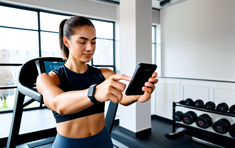 A professional, diverse adult in modest athletic wear, checking health data on a sleek smartwatch during a break in a modern, clean gym. The smartwatch displays clear, legible health metrics. The person has a natural pose, fully clothed, appropriate attire, safe for work, perfect anatomy, correct proportions, well-formed hands, proper finger count, natural body proportions, professional photography, high quality, family-friendly.