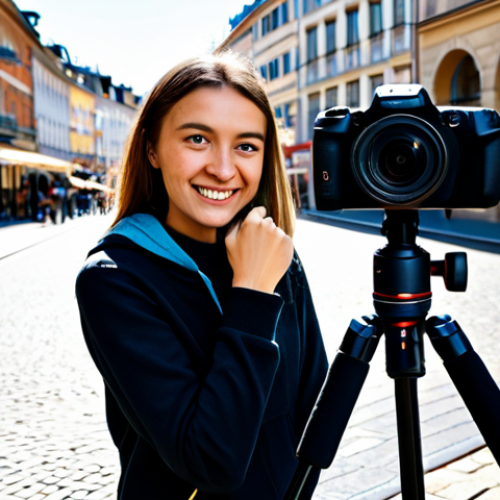Home 16 A young adult content creator, fully clothed in modest, comfortable casual wear, using a small flexible Gorillapod-style tripod to film a travel vlog. The tripod is securely wrapped around a lamppost in a bustling European city street during daylight. The creator is smiling naturally, looking at the camera. safe for work, appropriate content, professional, perfect anatomy, correct proportions, natural pose, well-formed hands, proper finger count, natural body proportions, high quality, professional photography.