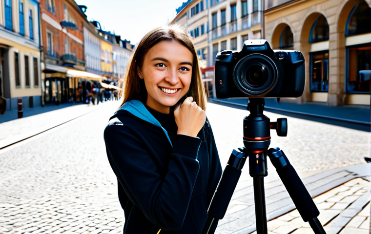 A young adult content creator, fully clothed in modest, comfortable casual wear, using a small flexible Gorillapod-style tripod to film a travel vlog. The tripod is securely wrapped around a lamppost in a bustling European city street during daylight. The creator is smiling naturally, looking at the camera. safe for work, appropriate content, professional, perfect anatomy, correct proportions, natural pose, well-formed hands, proper finger count, natural body proportions, high quality, professional photography.