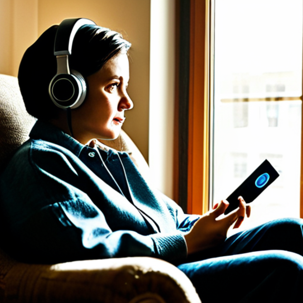 휴대용 라디오 사용법 - **Image Prompt:** "A person sitting in a cozy armchair by a window, listening to a portable radio, f...