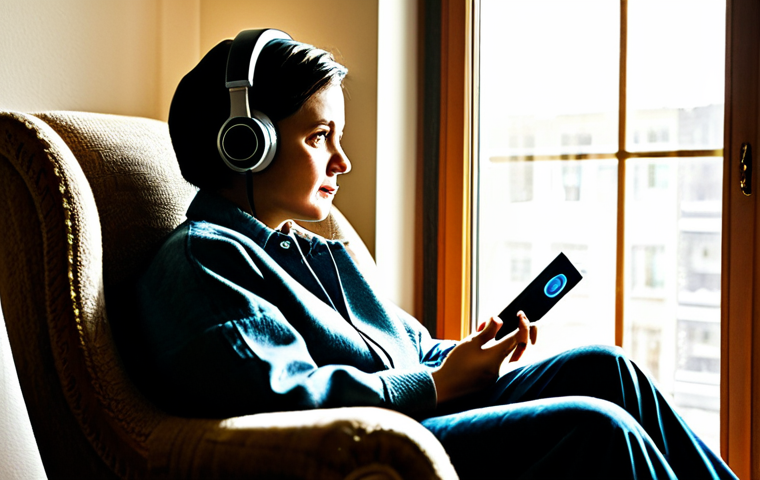휴대용 라디오 사용법 - **Image Prompt:** "A person sitting in a cozy armchair by a window, listening to a portable radio, f...