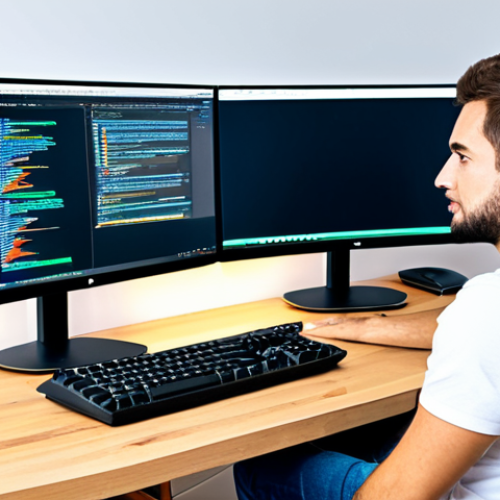 Home 4 외장 모니터 활용 팁 - Dual Monitor Productivity**
"A professional coder in a bright, modern home office, working on two l...