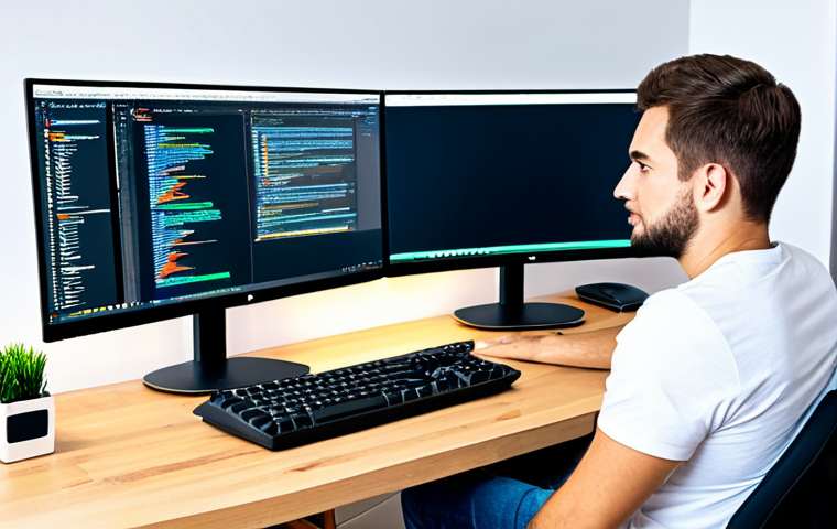 외장 모니터 활용 팁 - Dual Monitor Productivity**
"A professional coder in a bright, modern home office, working on two l...