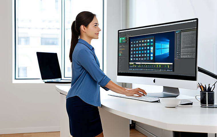 외장 모니터 활용 팁 - Dual Monitor Productivity**

"A professional coder in a bright, modern home office, working on two l...