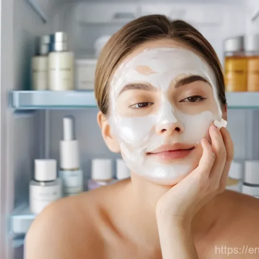 포터블 미니 냉장고 - **Prompt 1: Serene Skincare Ritual**
    A close-up shot of a young adult woman, in her late 20s, wi...