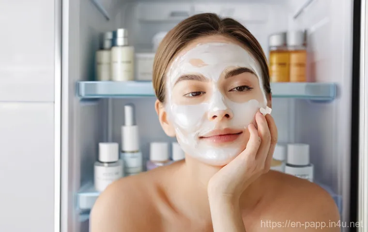 포터블 미니 냉장고 - **Prompt 1: Serene Skincare Ritual**
    A close-up shot of a young adult woman, in her late 20s, wi...