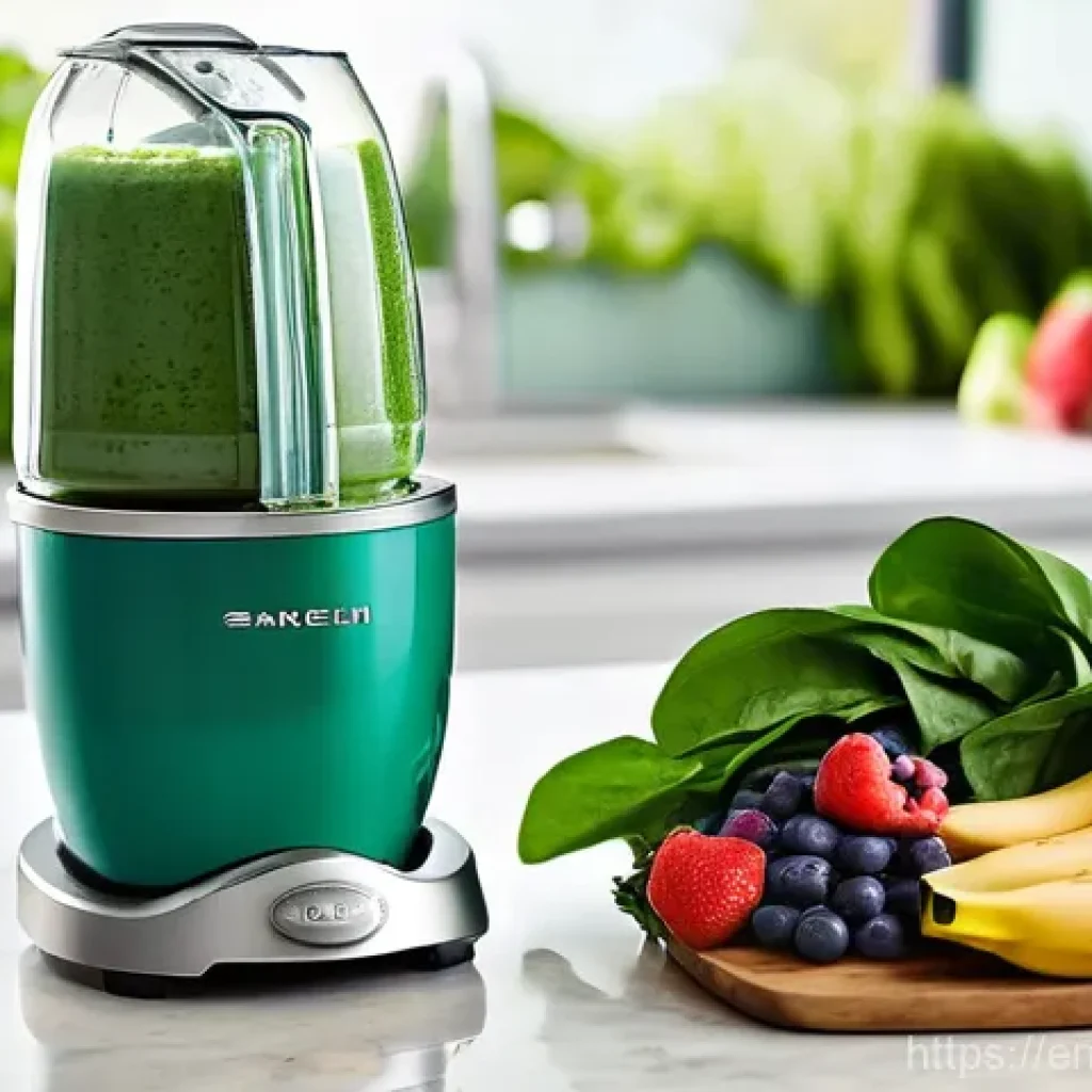 미니 블렌더 레시피 - **Vibrant Green Smoothie Morning:**
"A bright, naturally lit kitchen scene on a sunny morning. A...