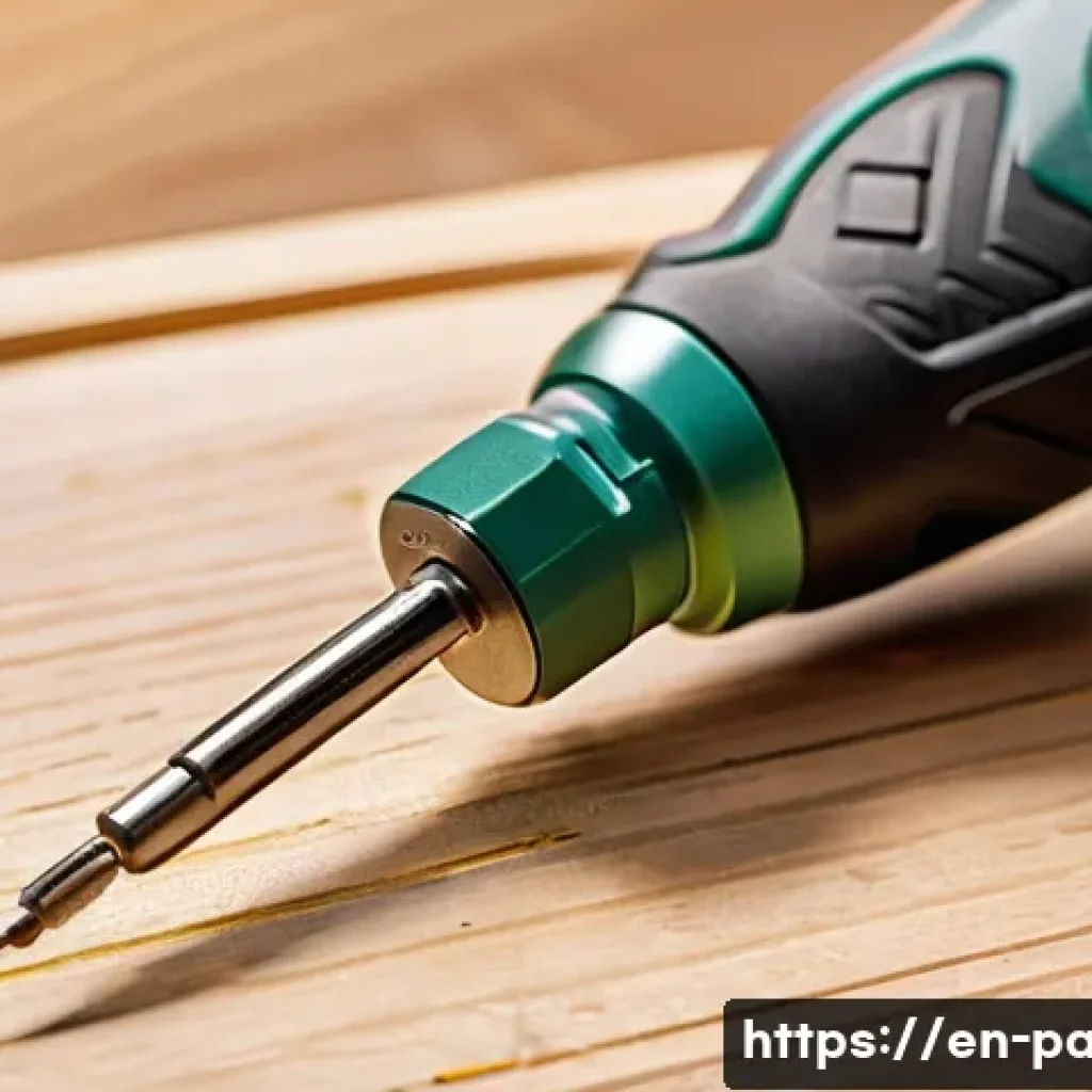 포터블 전동 드라이버 - A close-up shot of a modern compact electric screwdriver held by an adult hand wearing a rubberized ...