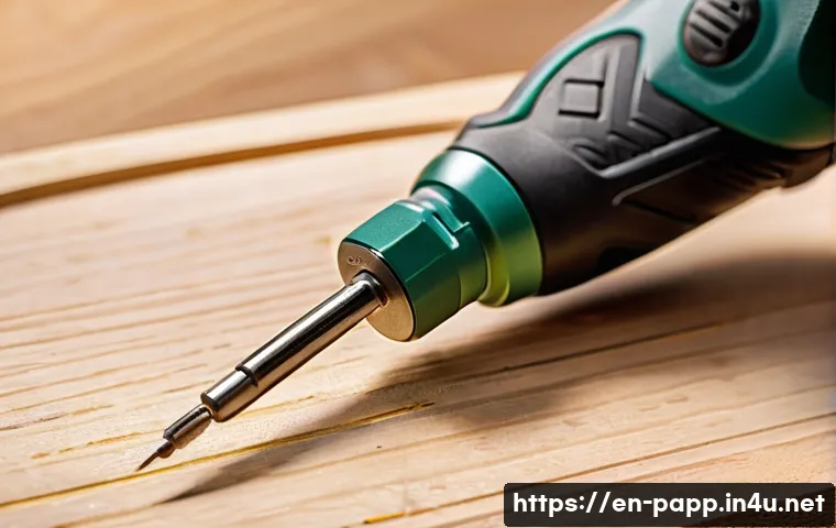 포터블 전동 드라이버 - A close-up shot of a modern compact electric screwdriver held by an adult hand wearing a rubberized ...