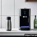 포터블 냉온수기 추천 - A sleek, modern portable water dispenser made of stainless steel, placed on a small kitchen counter ...