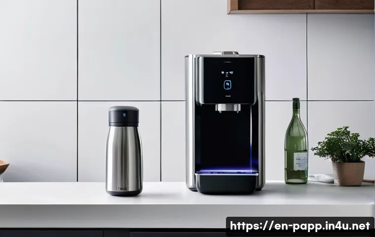 포터블 냉온수기 추천 - A sleek, modern portable water dispenser made of stainless steel, placed on a small kitchen counter ...