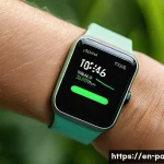 스마트 워치 심박수 정확도 - A close-up, hyper-realistic image of a smartwatch worn snugly on a wrist during a steady-state runni...