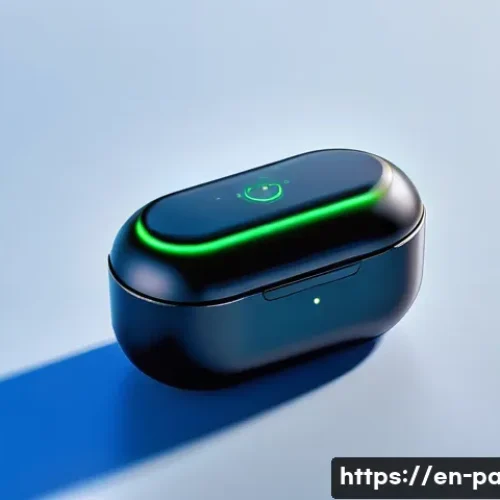 무선 이어폰 배터리 수명 - A modern wireless earbud resting on a sleek charging case, placed on a cool surface in a softly lit ...