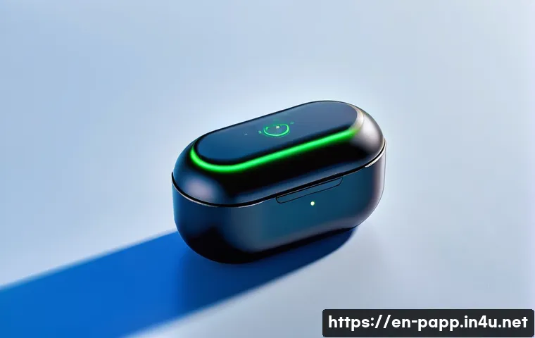 무선 이어폰 배터리 수명 - A modern wireless earbud resting on a sleek charging case, placed on a cool surface in a softly lit ...