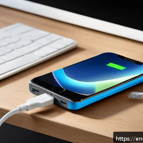 보조 배터리 충전 속도 - A modern workspace scene featuring a sleek power bank charging on a wooden desk beside a high-qualit...