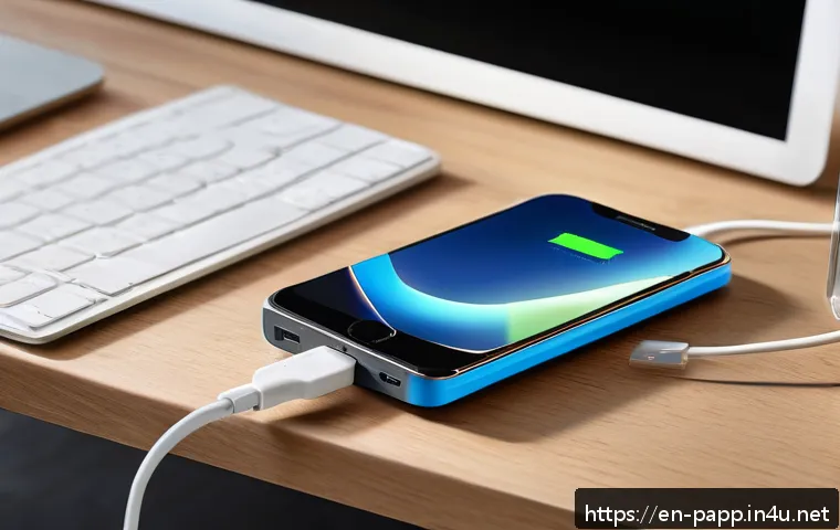 보조 배터리 충전 속도 - A modern workspace scene featuring a sleek power bank charging on a wooden desk beside a high-qualit...