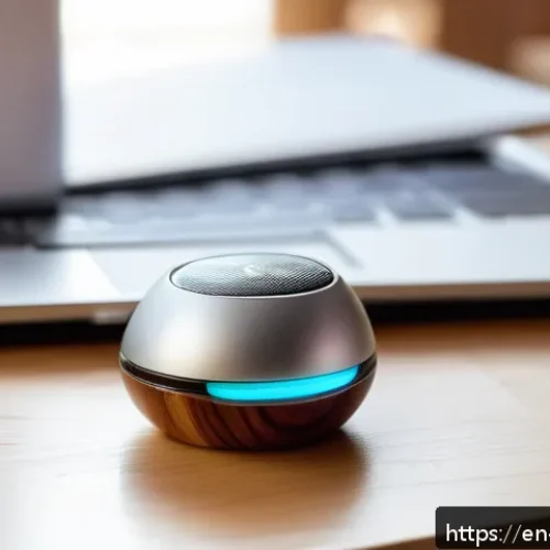 미니 마사지기 장점 - A modern, compact mini massager resting on a sleek wooden desk next to a laptop and a smartphone, so...