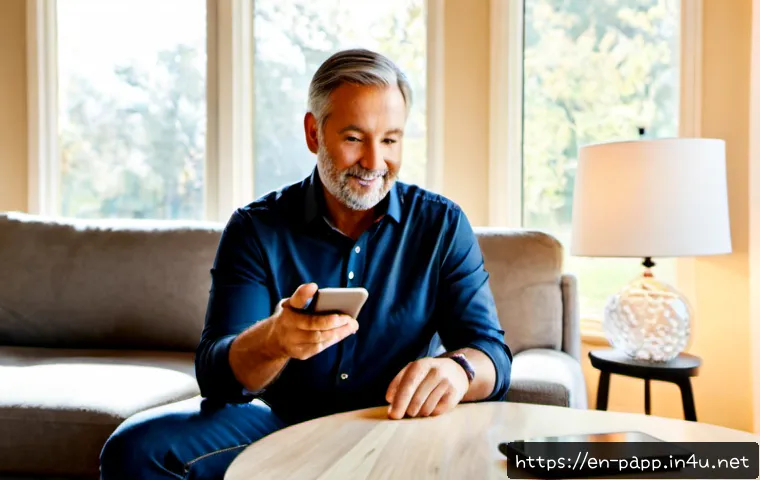 Home 17 스마트 홈 디바이스 연결 - Photorealistic modern American living room, a middle-aged homeowner using a smartphone to connect a ...