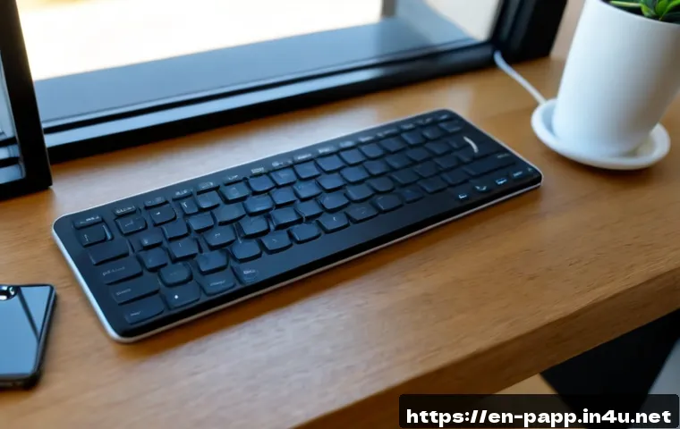Home 30 휴대용 스마트 키보드 리뷰 - Photorealistic product review scene of a compact foldable wireless keyboard paired with a modern sma...