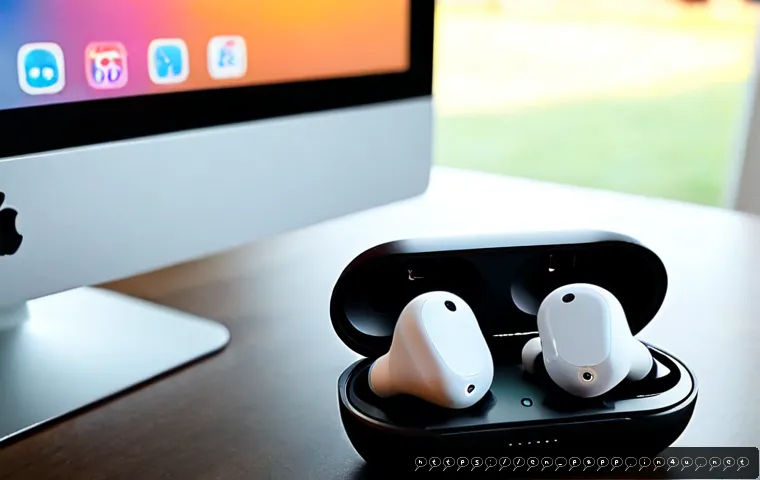 스마트 이어폰 기능 분석 - Photorealistic close-up of modern wireless smart earbuds resting in an open charging case on a clean...