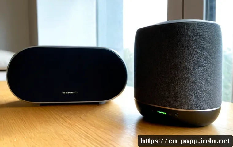 Home 18 블루투스 스피커 비교 - Photorealistic side-by-side comparison of two compact wireless Bluetooth speakers on a clean light o...