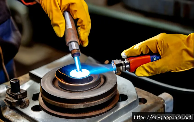 Home 17 휴대용 유도 가열기 - Photorealistic close-up of a mechanic using a compact portable induction heater to loosen a rusted m...